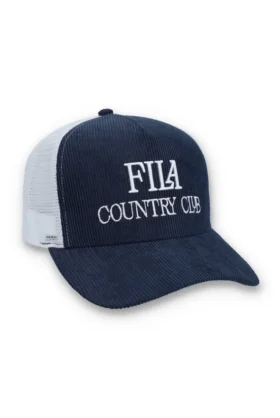 Cappellino Fila Cody in velluto a coste con retro in rete e grafica ricamata, colore blu navy