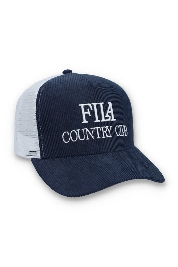 Cappellino Fila Cody in velluto a coste con retro in rete e grafica ricamata, colore blu navy