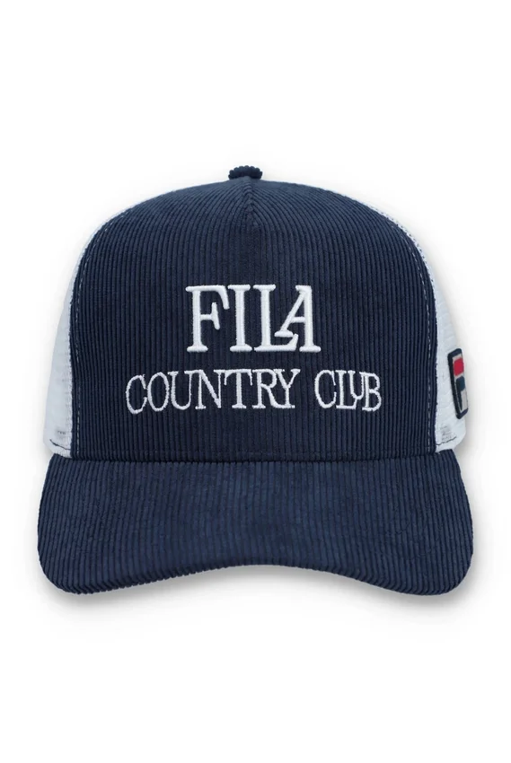 Cappellino Fila Cody in velluto a coste con retro in rete e grafica ricamata, colore blu navy