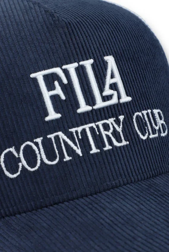 Cappellino Fila Cody in velluto a coste con retro in rete e grafica ricamata, colore blu navy