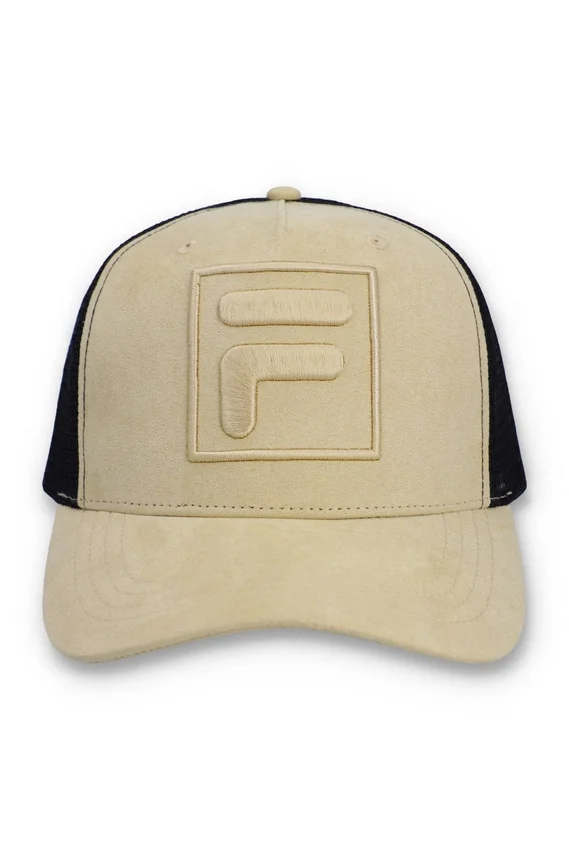Cappellino Turo Large F-Box in pelle scamosciata ricamata tono su tono con retro in rete, beige classico