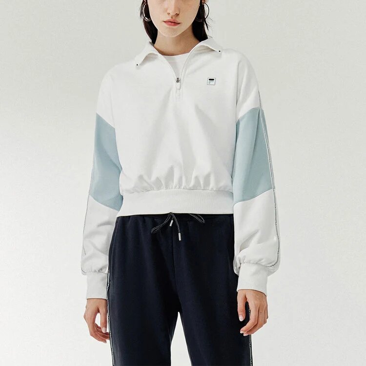 Felpa con cappuccio a mezza zip e collo alto in stile sportivo a colori contrastanti, bianca