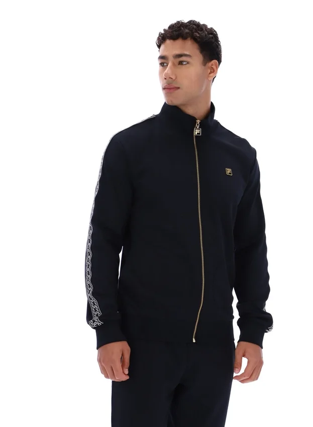 Giacca nera Roman con zip integrale e dettagli a nastro
