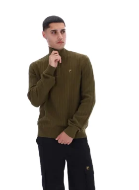 Maglia a trama ruvida con collo a imbuto e zip a 1/4 Stevie, colore verde oliva scuro