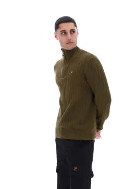 Maglia a trama ruvida con collo a imbuto e zip a 1/4 Stevie, colore verde oliva scuro
