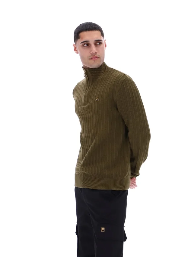 Maglia a trama ruvida con collo a imbuto e zip a 1/4 Stevie, colore verde oliva scuro
