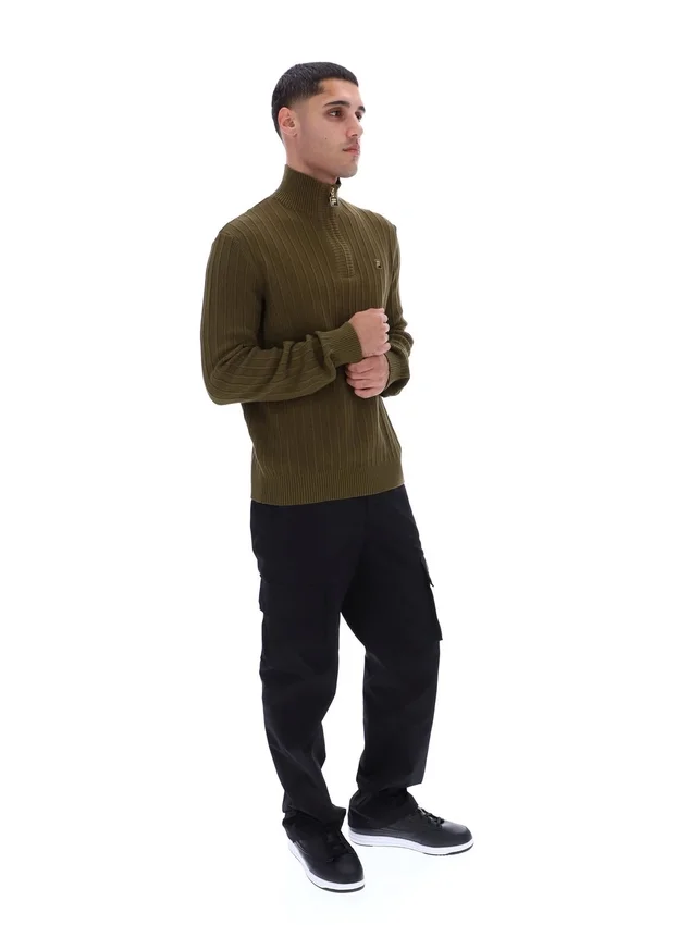 Maglia a trama ruvida con collo a imbuto e zip a 1/4 Stevie, colore verde oliva scuro
