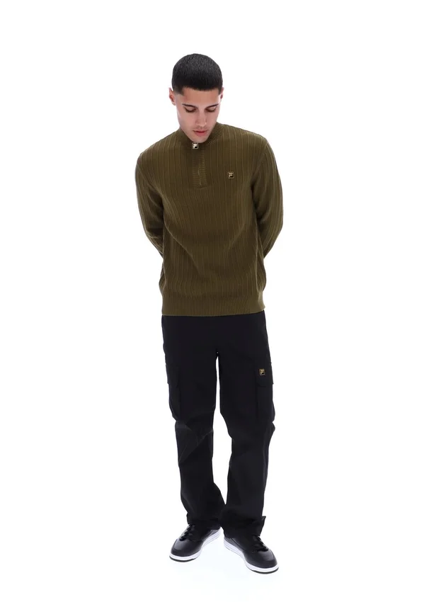 Maglia a trama ruvida con collo a imbuto e zip a 1/4 Stevie, colore verde oliva scuro