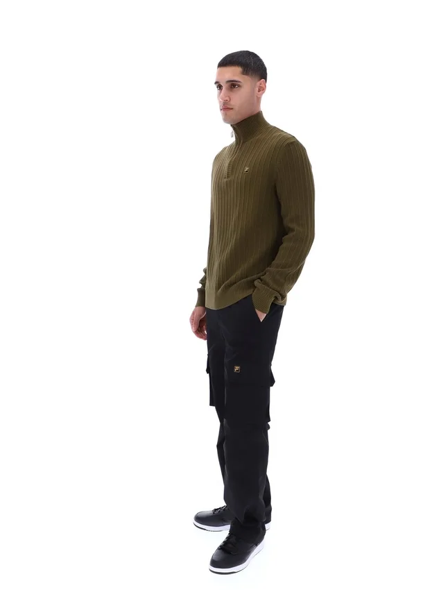 Maglia a trama ruvida con collo a imbuto e zip a 1/4 Stevie, colore verde oliva scuro