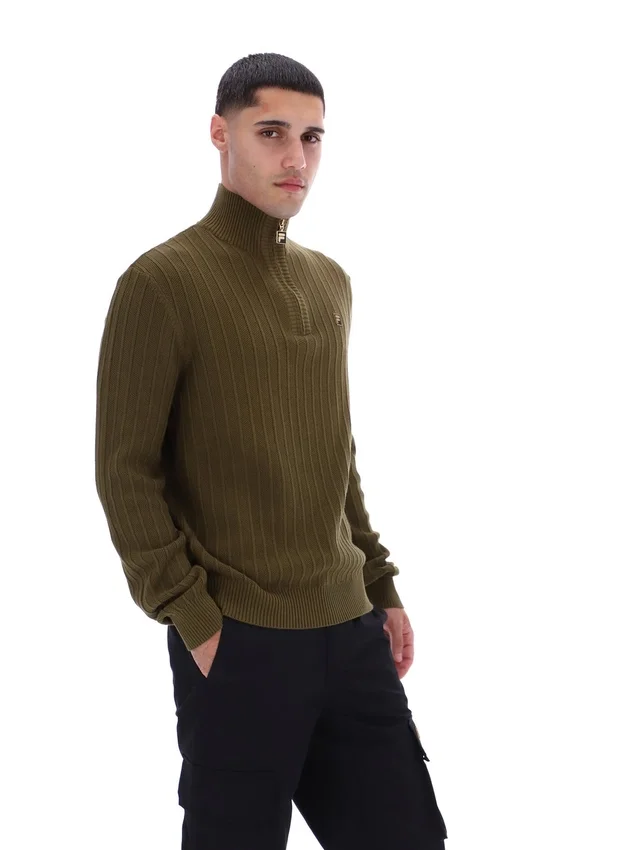 Maglia a trama ruvida con collo a imbuto e zip a 1/4 Stevie, colore verde oliva scuro