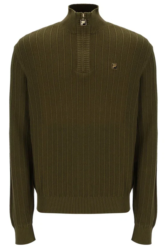 Maglia a trama ruvida con collo a imbuto e zip a 1/4 Stevie, colore verde oliva scuro