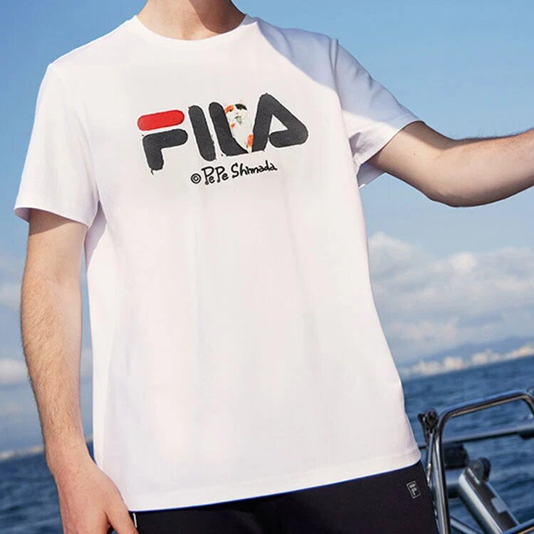 Maglietta Fila x Pepe Shimada da uomo, casual, traspirante, con stampa, pantaloncini, bianca