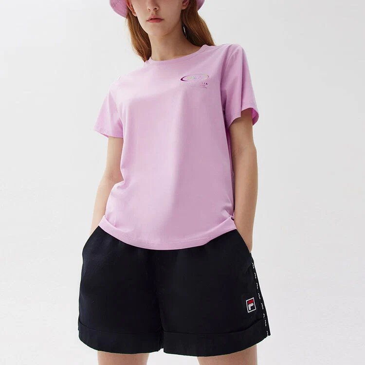 Maglietta per attività sportiva casual a maniche corte con logo stampato, viola