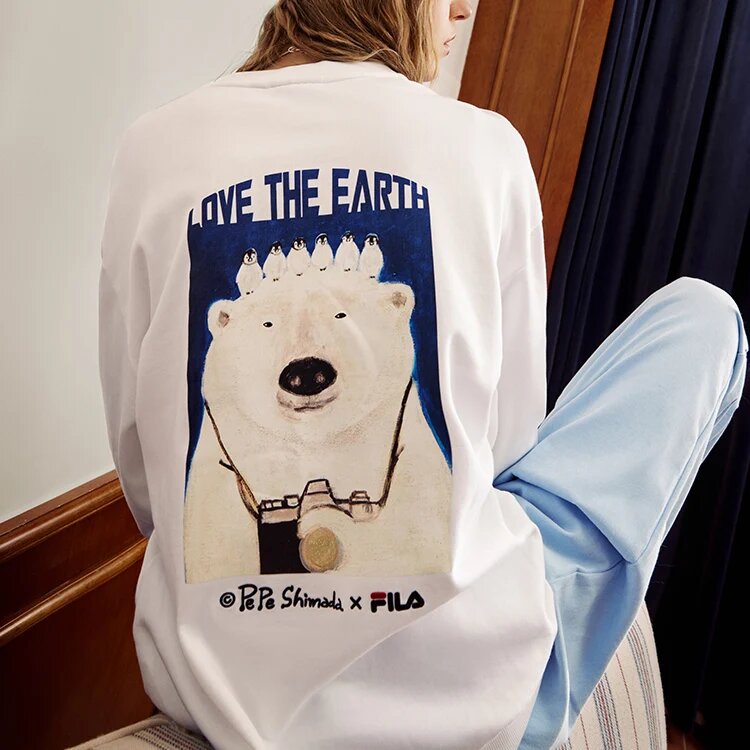 Maglione sportivo da uomo Fila x Pepe Shimada con stampa cartoon e collo rotondo, bianco