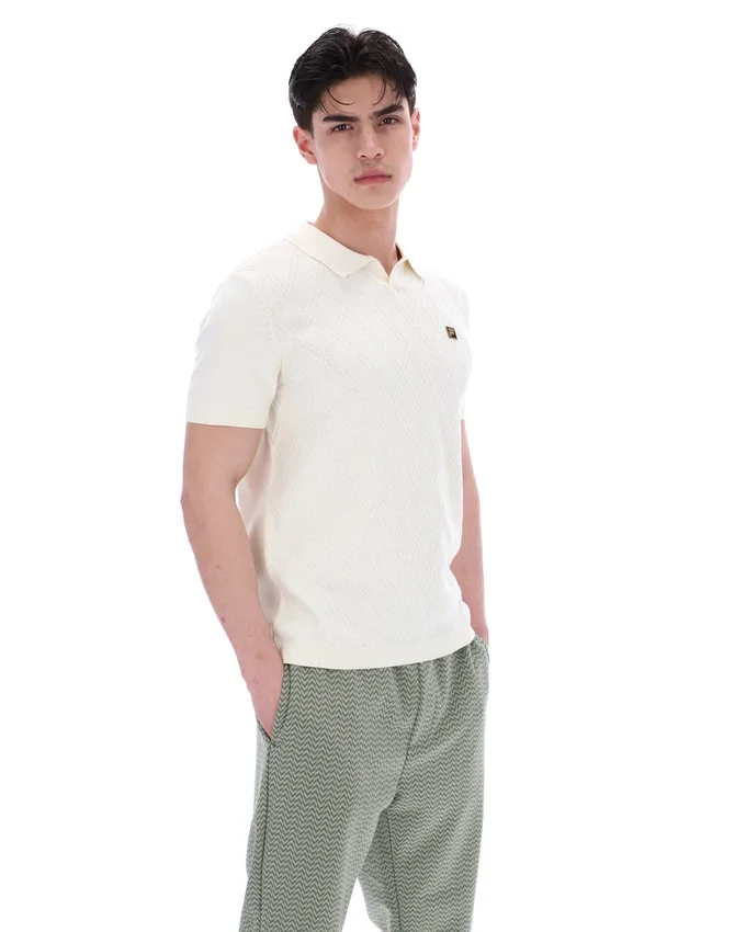 Polo a collo aperto in maglia Denny Diamond color latte di cocco
