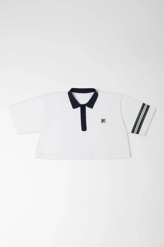 Polo corta svasata Off White con colletto a contrasto