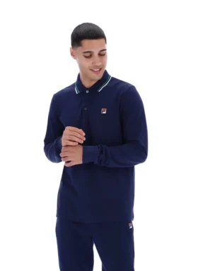 Polo Fila Navy Monte a maniche lunghe con colletto a strisce