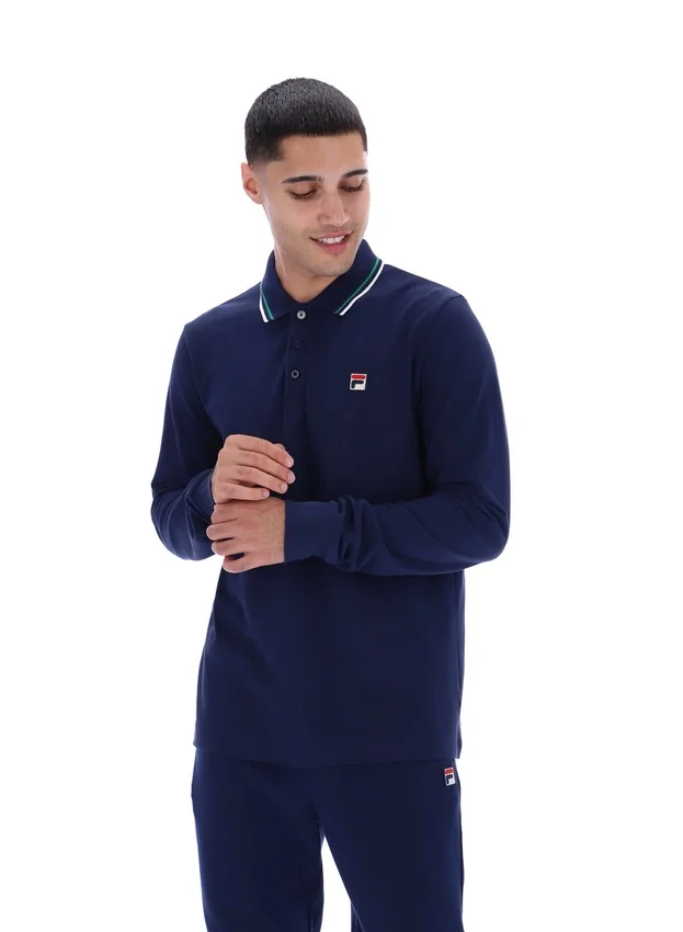 Polo Fila Navy Monte a maniche lunghe con colletto a strisce