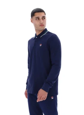 Polo Fila Navy Monte a maniche lunghe con colletto a strisce