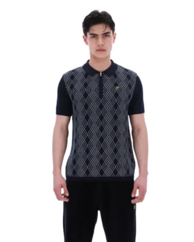 Polo nera Castello in maglia jacquard con zip