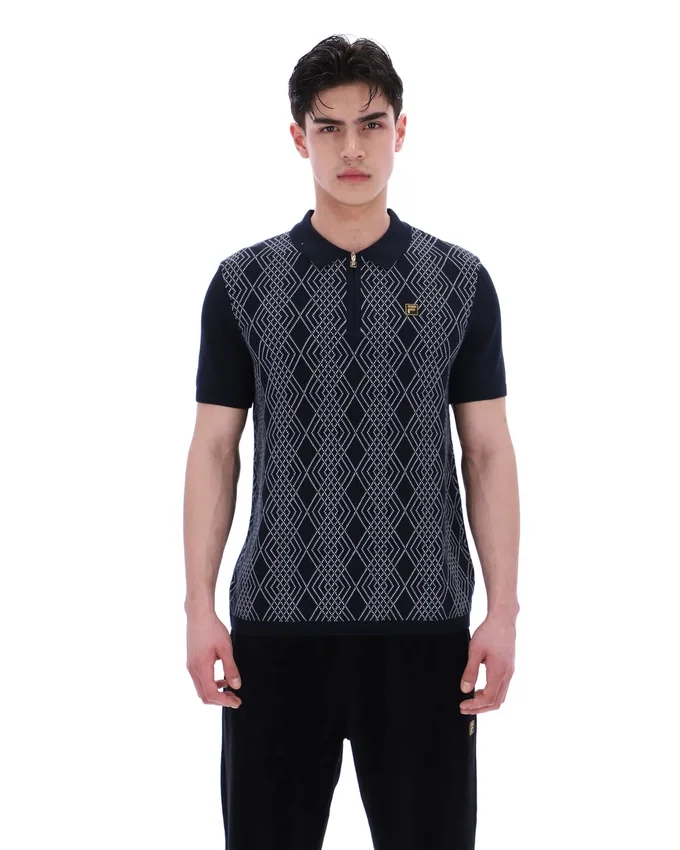 Polo nera Castello in maglia jacquard con zip