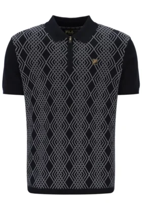 Polo nera Castello in maglia jacquard con zip