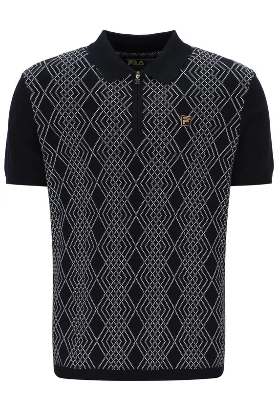 Polo nera Castello in maglia jacquard con zip