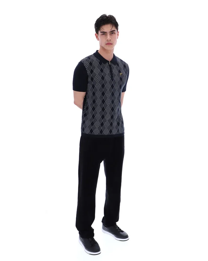 Polo nera Castello in maglia jacquard con zip