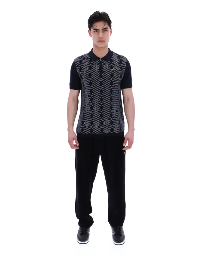 Polo nera Castello in maglia jacquard con zip
