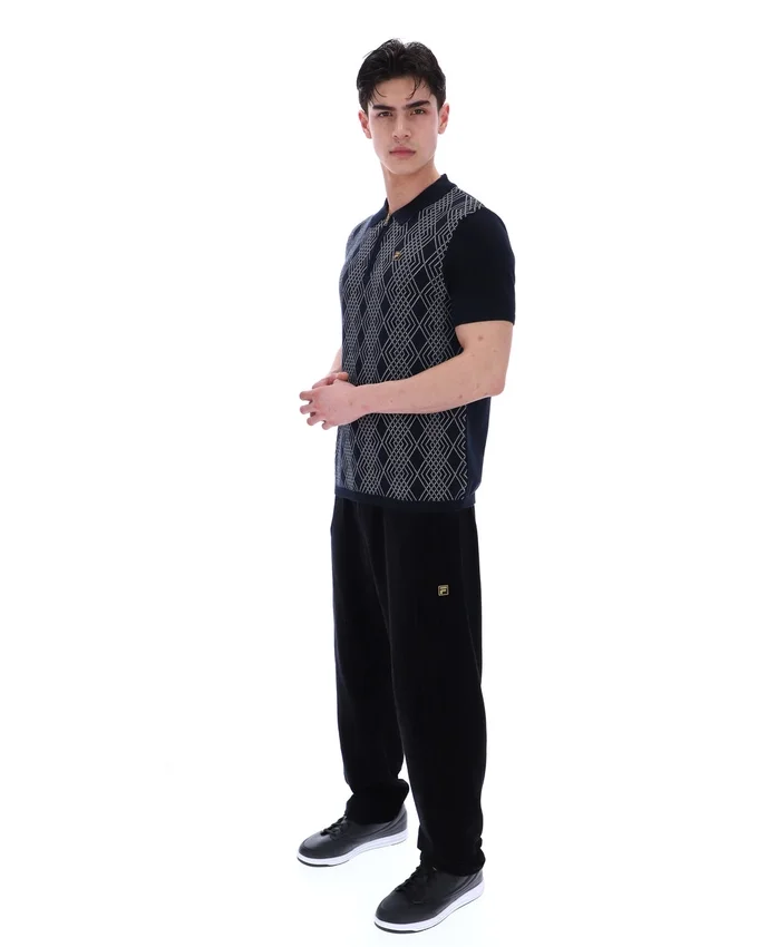 Polo nera Castello in maglia jacquard con zip