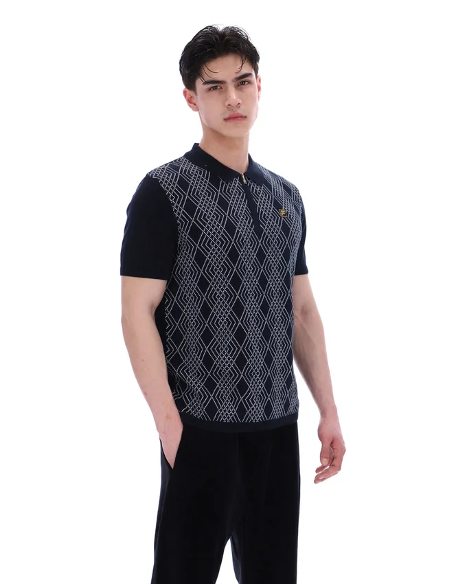 Polo nera Castello in maglia jacquard con zip