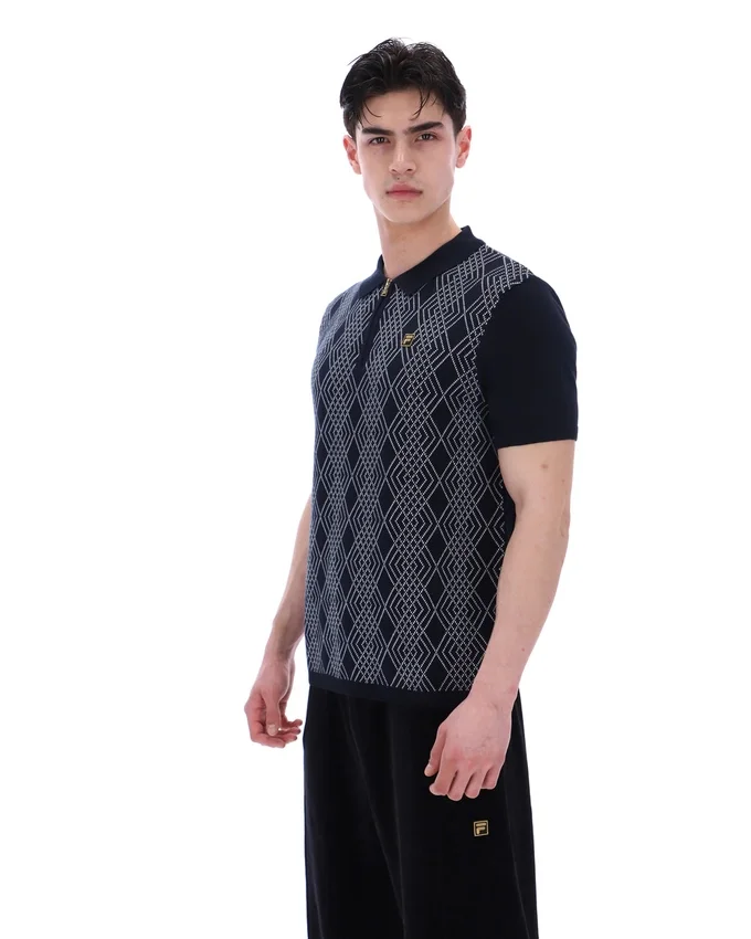 Polo nera Castello in maglia jacquard con zip