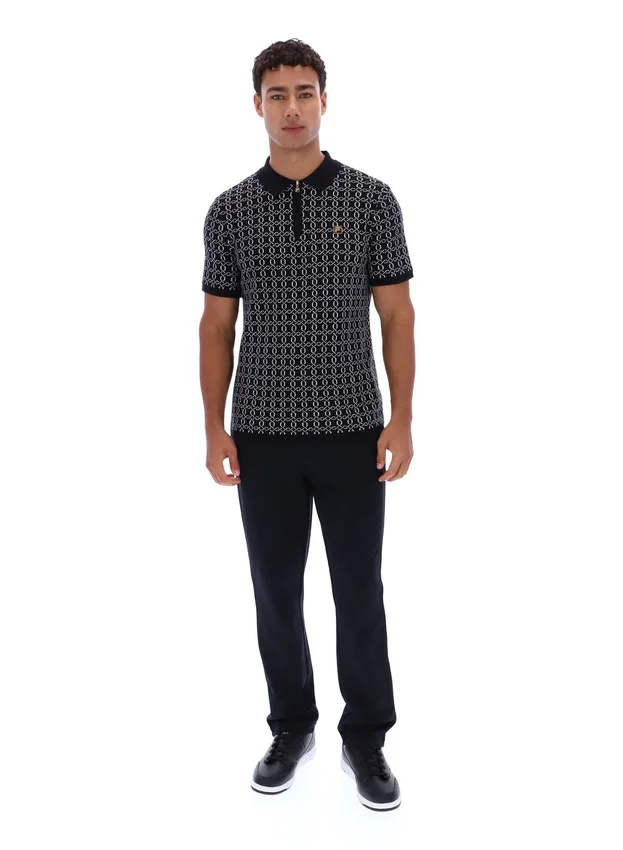 Polo nera con zip in maglia jacquard Jackson