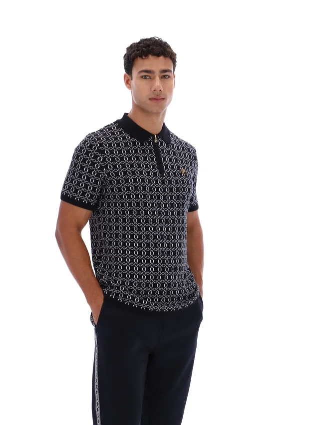 Polo nera con zip in maglia jacquard Jackson