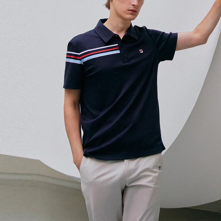 Polo sportiva casual a maniche corte con strisce a contrasto, per uomo, blu