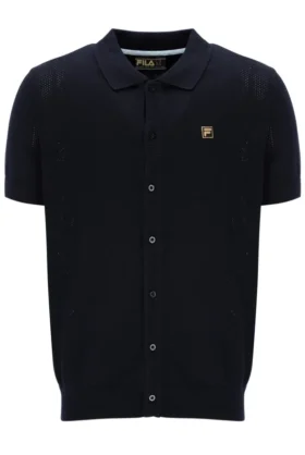Polo Walter nera con pannelli in maglia aperta e motivo pointelle