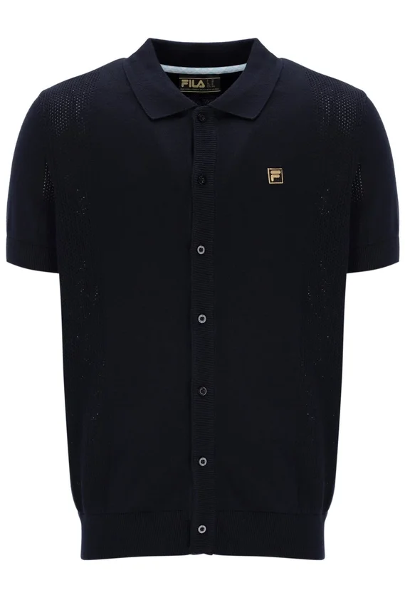 Polo Walter nera con pannelli in maglia aperta e motivo pointelle